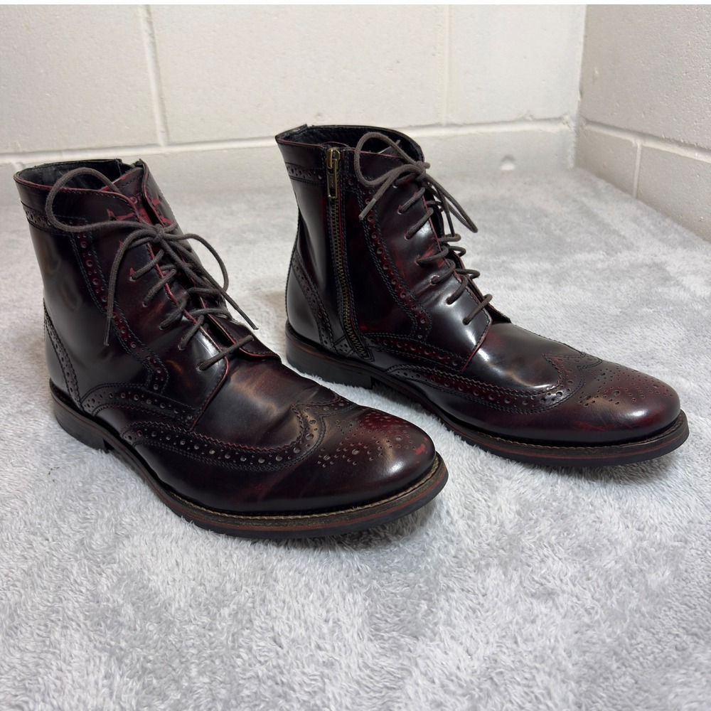 Rockport Wingtip Brogue Boots Mens 10.5 Red Brown Leather Side Zip Shoes BX2660